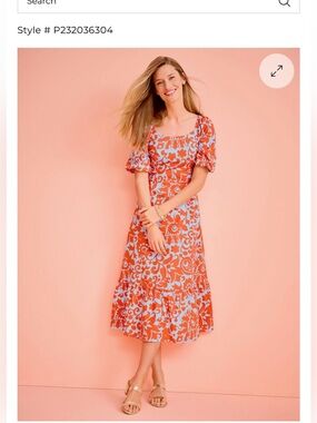 Talbots Orange and Light Blue Floral Square-Neck Midi Dress 4